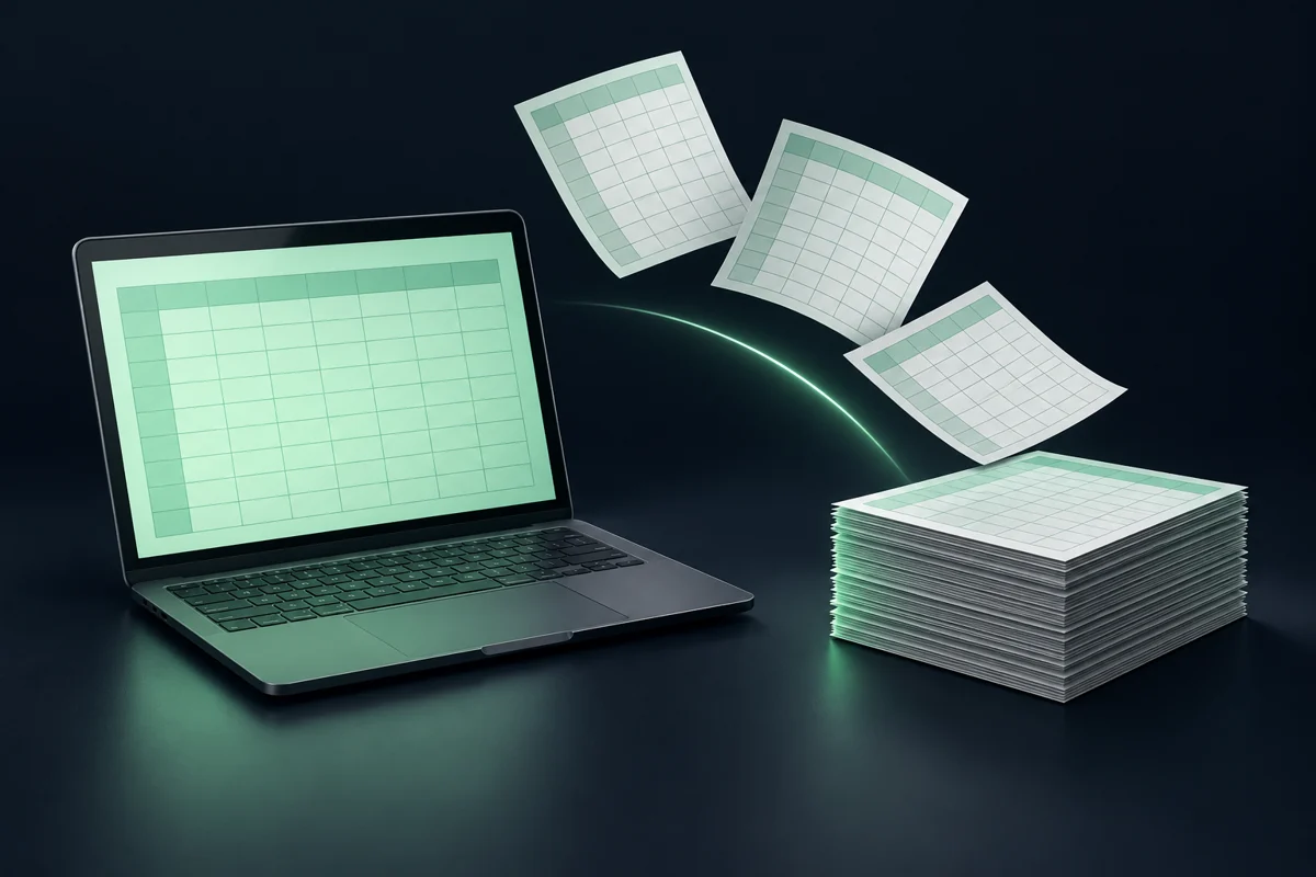Loose spreadsheet pages organized into a neat stack beside a laptop